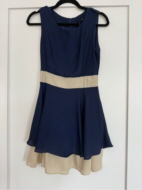 Navy Blue Fit & Flare Dress with Beige Waistband & Belt | Size Small